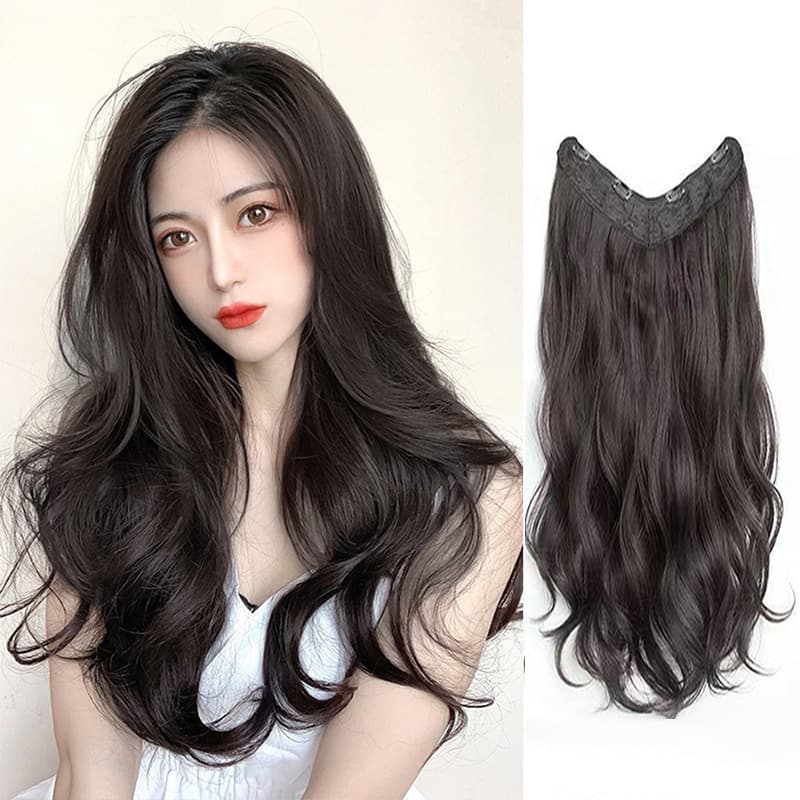 V-Shape One-Piece Long Straight and Curly Hair Extension for Women, Natural Look, Seamless Invisible Clip-In Hairpiece