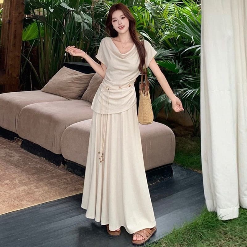 French Extremely Beautiful Draped Neck Short Sleeve Dress Women Summer 2026 New Trendy Petite Outfit Set Long Dress