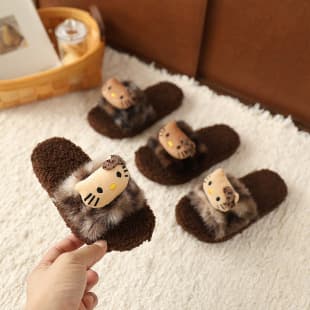 Leopard Print Children's Fuzzy Slippers Cute Cat Home Autumn/Winter New Non-Slip Warm Girls Baby Cotton Slippers