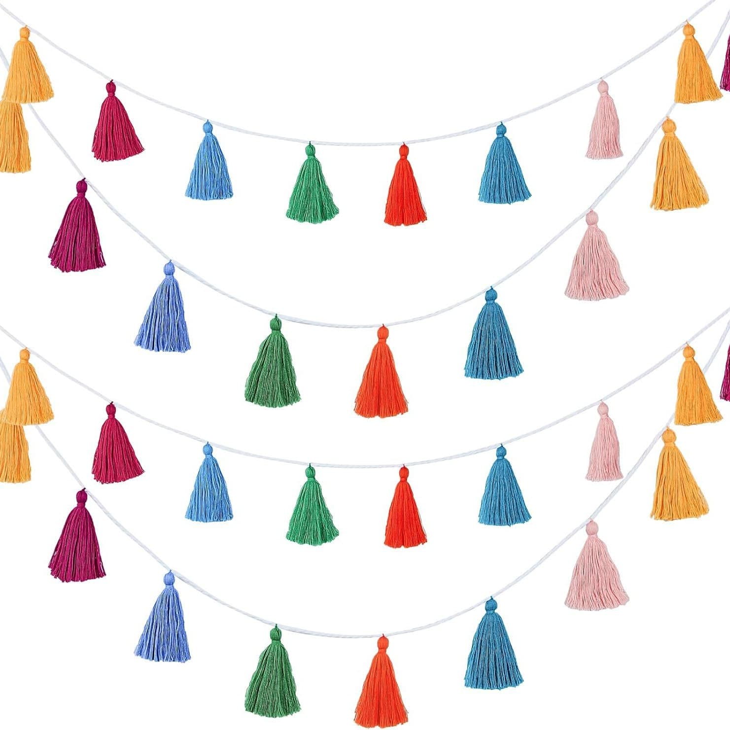 4 Pieces Rainbow Tassel Garland Boho Classroom Decor Colorful Pastel Summer Garland Horizontal