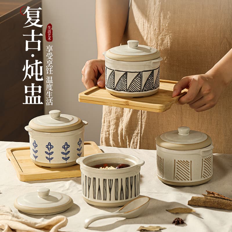 Japanese Style Ceramic Double-Eared Steaming Bowl with Lid Individual Serving Creative Inner Pot Soup Pot Home Use