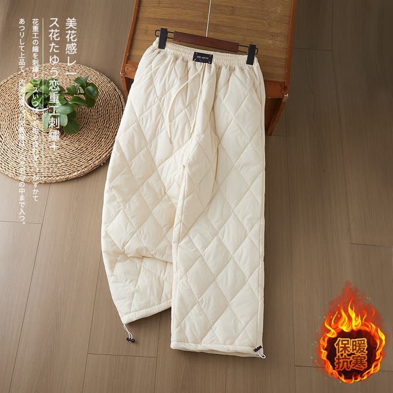High-end European lightweight down cotton pants for women, winter quilted straight pants with drawstring leg harem pants for women.