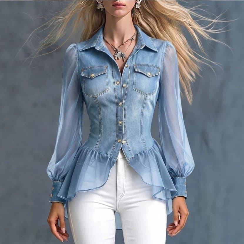 European and American cross-border women's clothing independent station new style lace splicing waist casual imitation denim splicing top lapel long sleeves