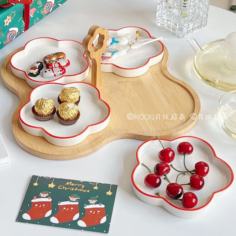 Ins Girly Flower Handheld Wooden Tray High Aesthetic Ceramic New Year Living Room Home Fruit Plate Snack Dish