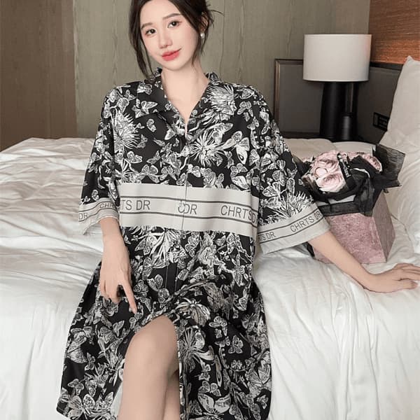 Internet Celebrity Advanced Ice Silk Black Gold Butterfly Nightgown for Women Summer Loose Wearable Mid-Length Shirt Dress