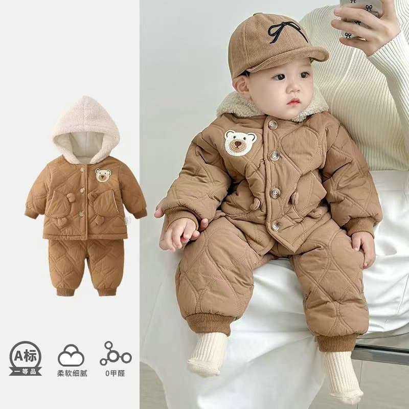 Male and female baby suits autumn and winter quilted cotton new fashionable baby clothes for boys and girls plus velvet quilted two-piece set