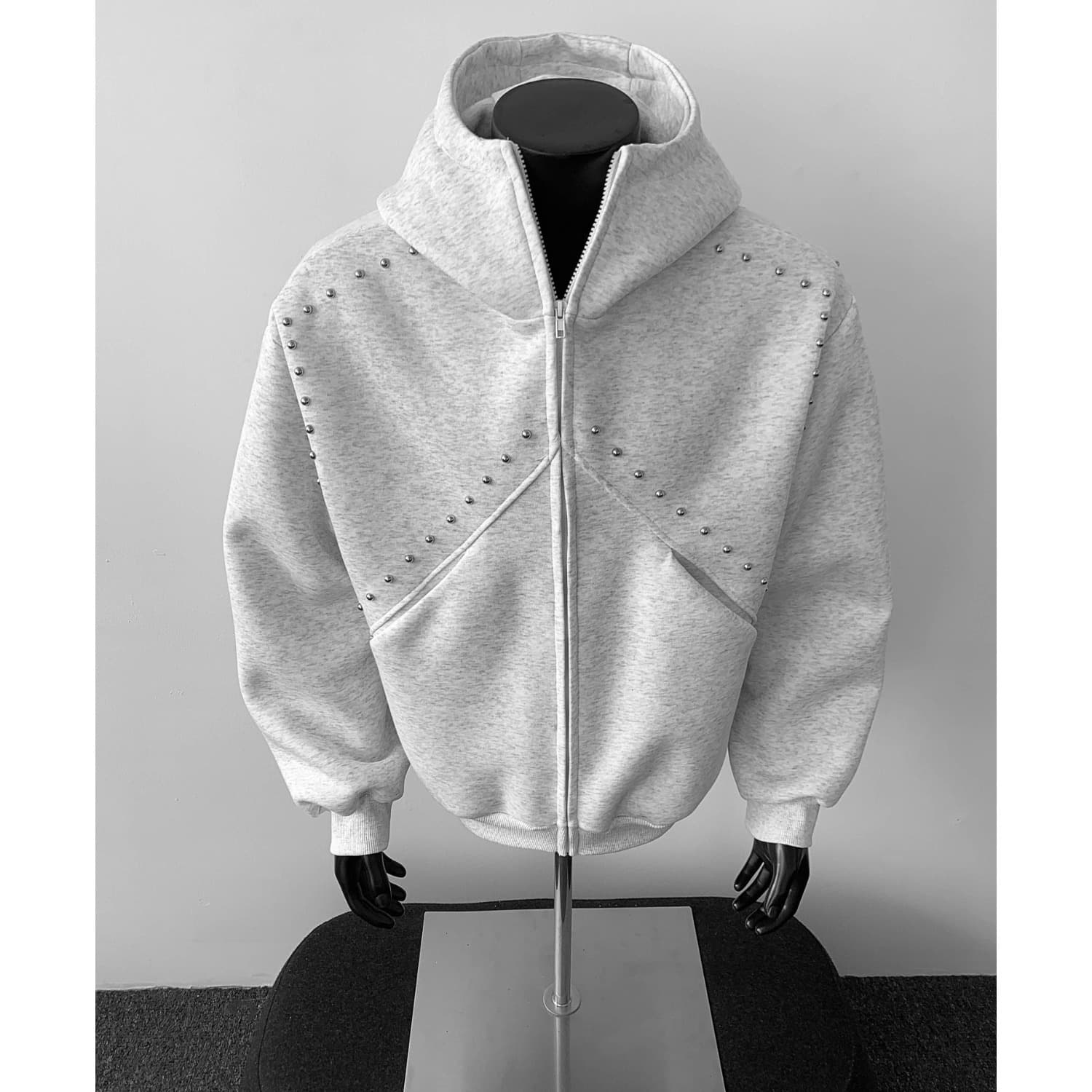 2026 Autumn New Streetwear Loose Fashion Oversized Jacket Men's American Heavyweight Studded Hooded Cardigan Sweatshirt