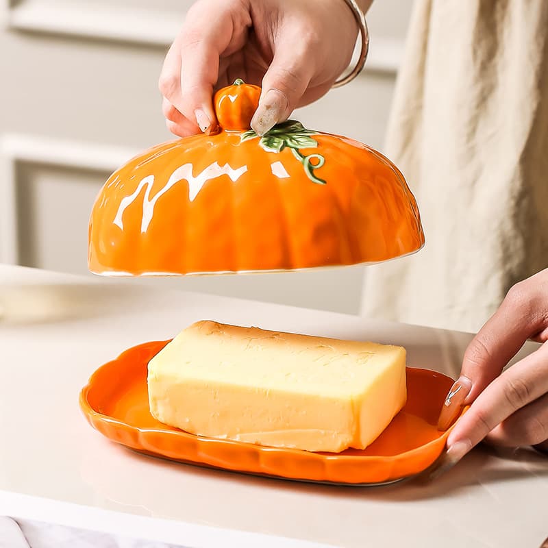 Wholesale Cross-Border Pumpkin-Shaped Ceramic Butter Dish with Lid, Creative Home Plate for Baking and Serving, Microwave Safe