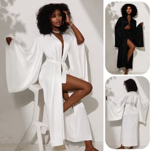European and American Spring/Autumn Satin Flared Sleeve Long Robe with Tie Belt Women's Light Luxury Home Bathrobe Morning Robe 1263