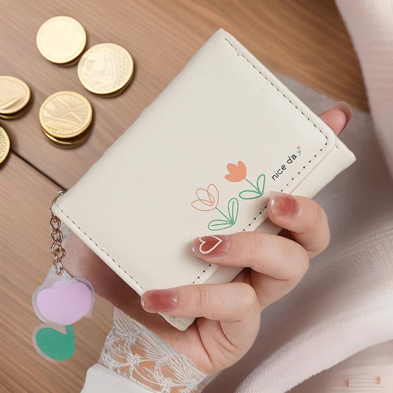 2025 New Women's Short Wallet Tri-Fold Solid Color Simple Print Cute Fresh Student Folding Card Holder