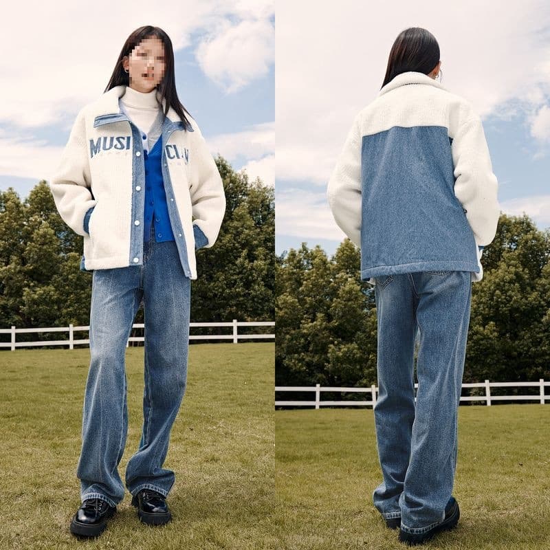 Cotton Jacket Women Textured Faux Shearling Patchwork Denim Niche Winter Letter Drop Shoulder Jacket Loose Cool Personality