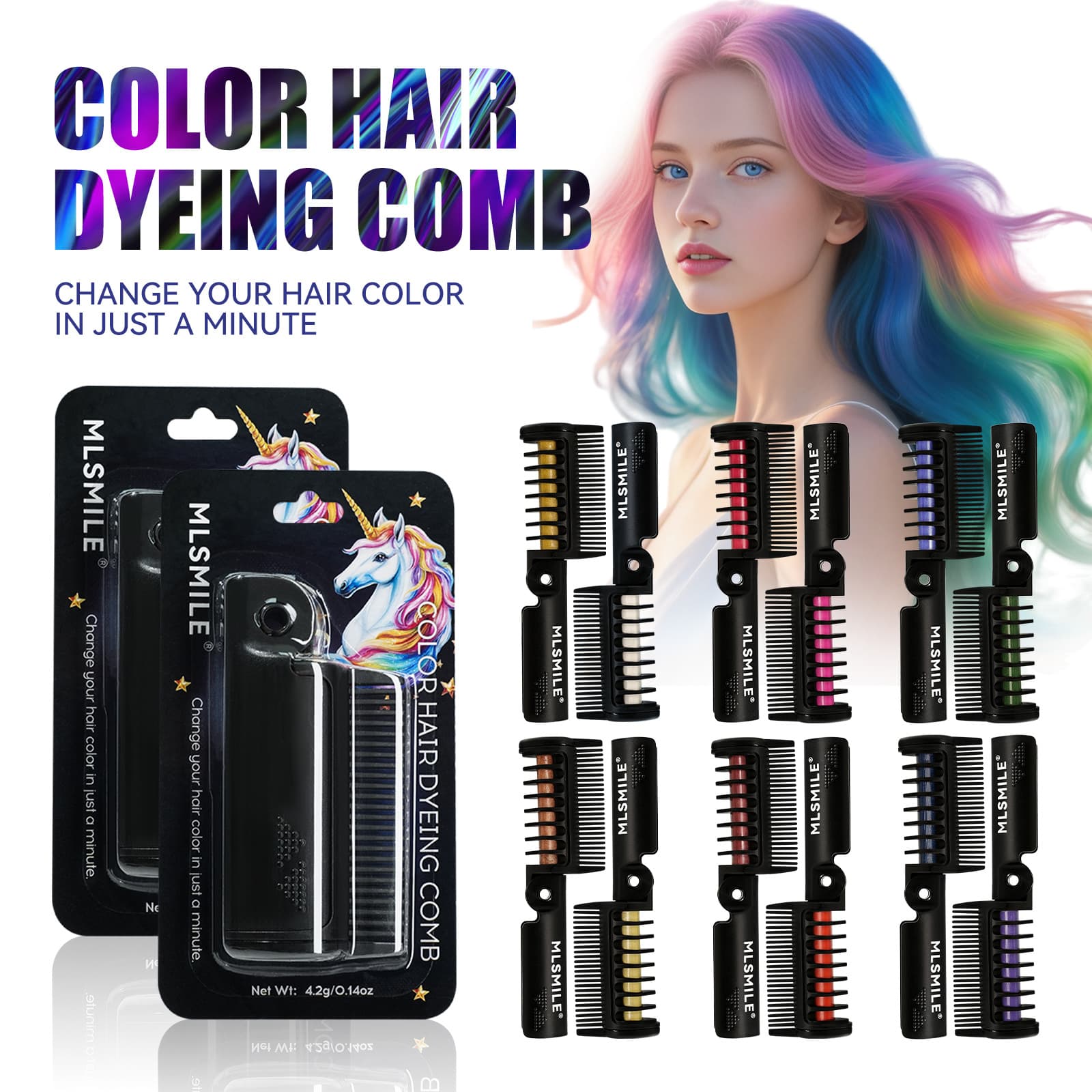 MLSMILE Cross-border Exclusive 12-Color Glitter Hair Dye Stick Hairbrush Disposable Foldable Hair Dye Brush