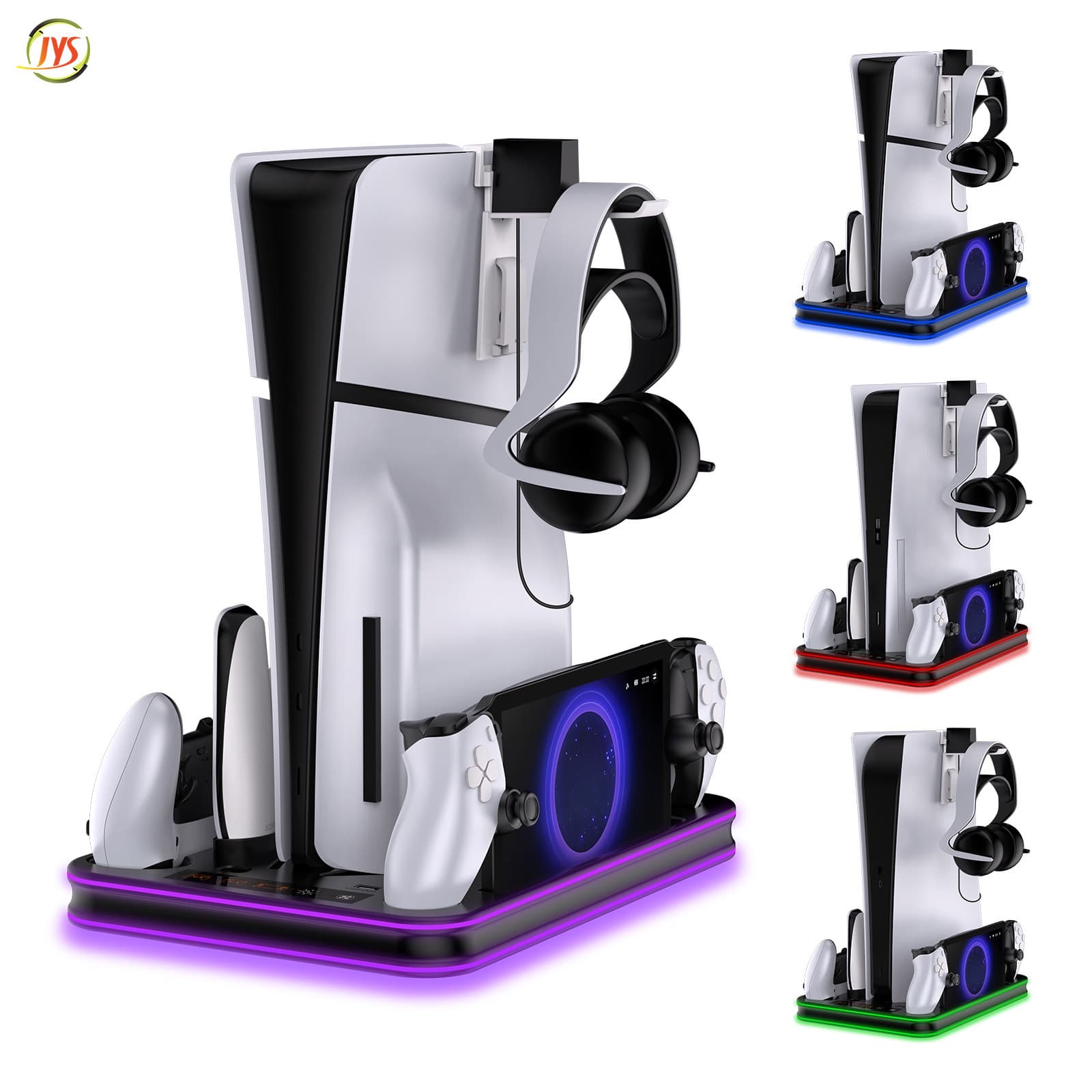 PS5/PS5 Slim Multifunctional Cooling Storage Stand with Headphone Holder and RGB Colorful Lights JYS-P5225