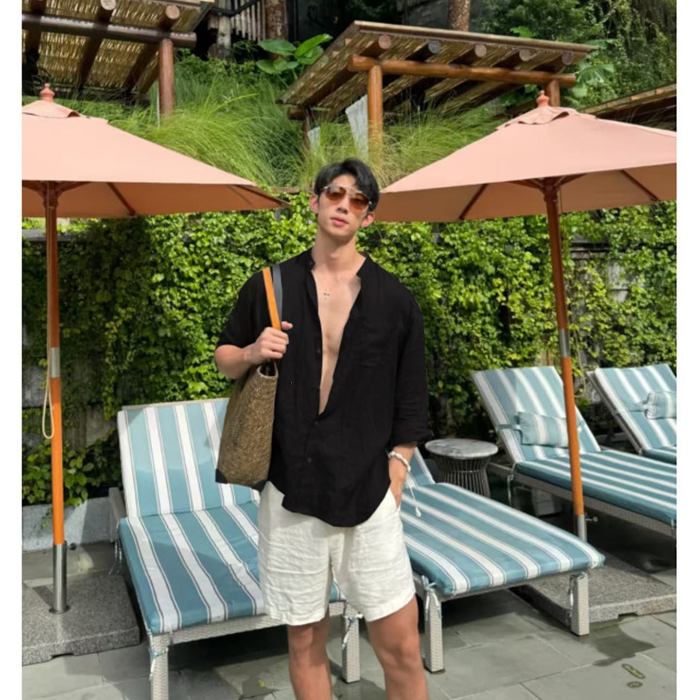 Laoqianfeng Quick-Dry Linen Set for Men Summer American Sun Protection Long-Sleeve Shirt Casual Style Shirt and Shorts Set