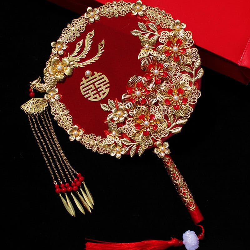 Bridal Tuan Fan, Xiuhe Su Wedding Fan, Ready-made DIY Dance Fan, Vintage Long-handled Xiuhe Fan
