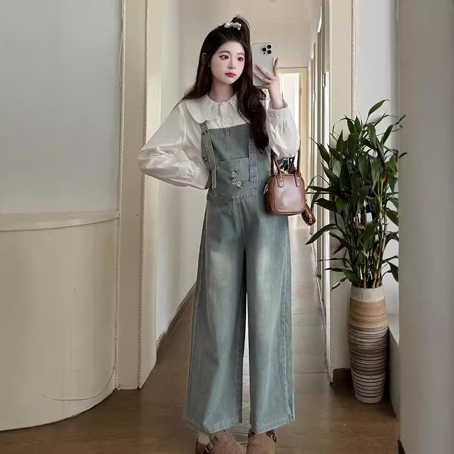 Maternity Denim Overalls Fashionable Autumn New Korean Style Age-Reducing Baby Collar Shirt Loose Casual Wide-Leg Long Pants
