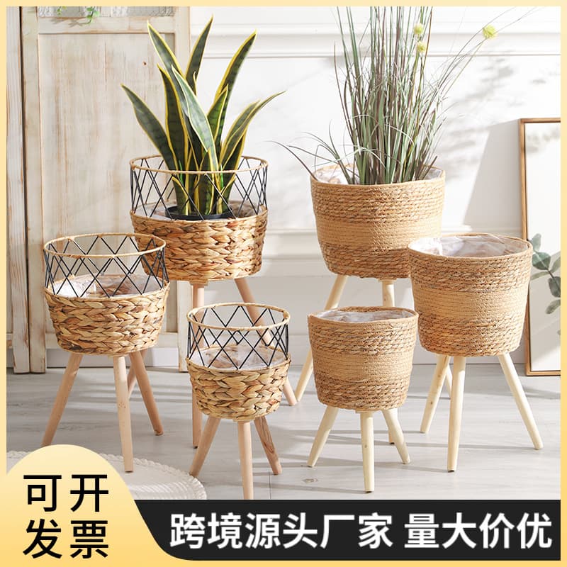 Nordic woven rattan flower basket, rattan wooden tall plant stand, indoor floor-standing living room decoration for green plants like pothos