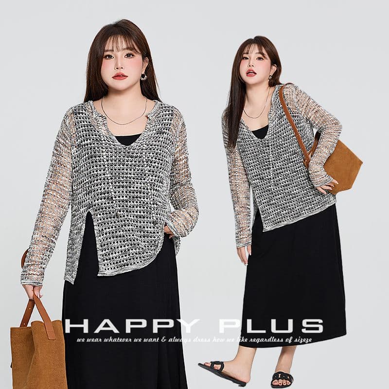 Runqi Large Size Hollow Out Design Knit Cardigan 8889 Women's Trendy Dress Outerwear Lazy Style Cardigan