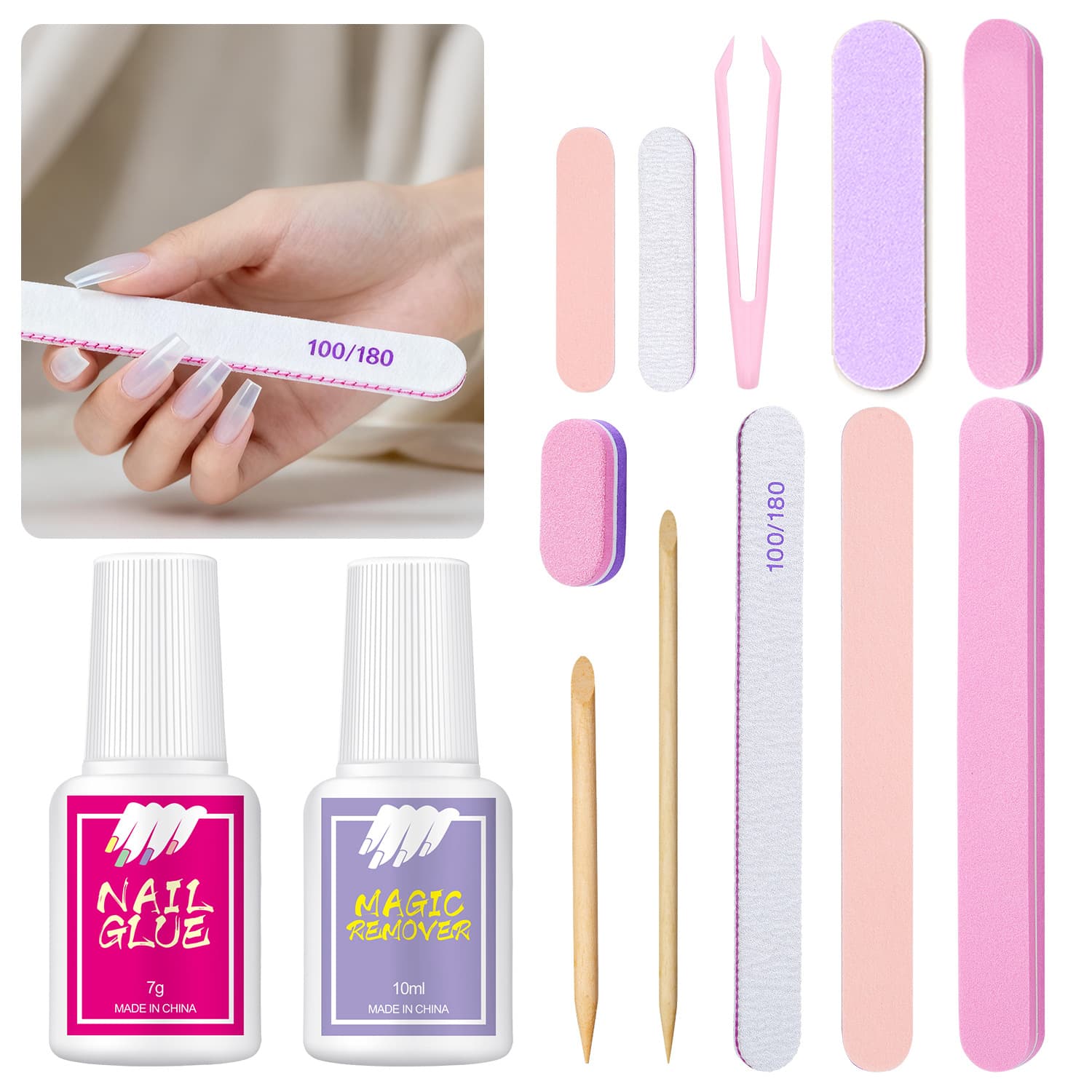 Manicure Learning Tool Set, Polishing Strip, Nail File, Nail Glue, Nail Glue Remover, Polishing Strip, Nail Removal Tool