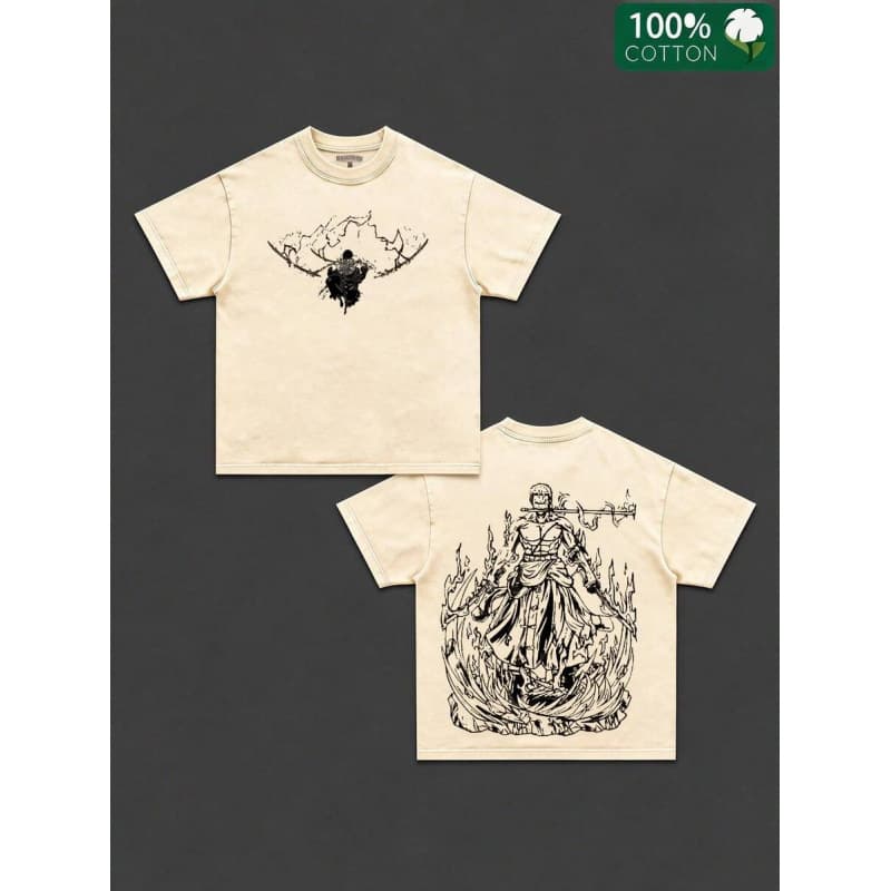 230G Cotton EU Size Anime Double Print Retro Washed T-Shirt, Anime A