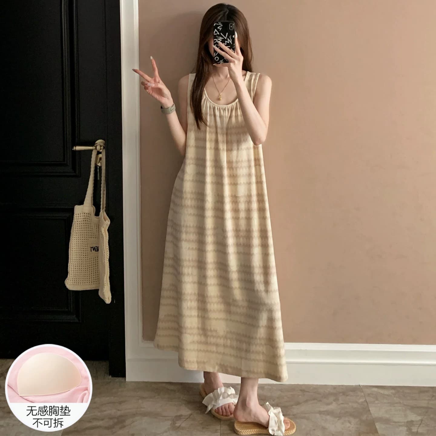 Camisole Nightgown with Breast Pads for Women, Summer Thin Style, Large Size, Loose-Fitting, Over-The-Knee Dress, Pajamas, Home Wear, Can Be Worn Outside