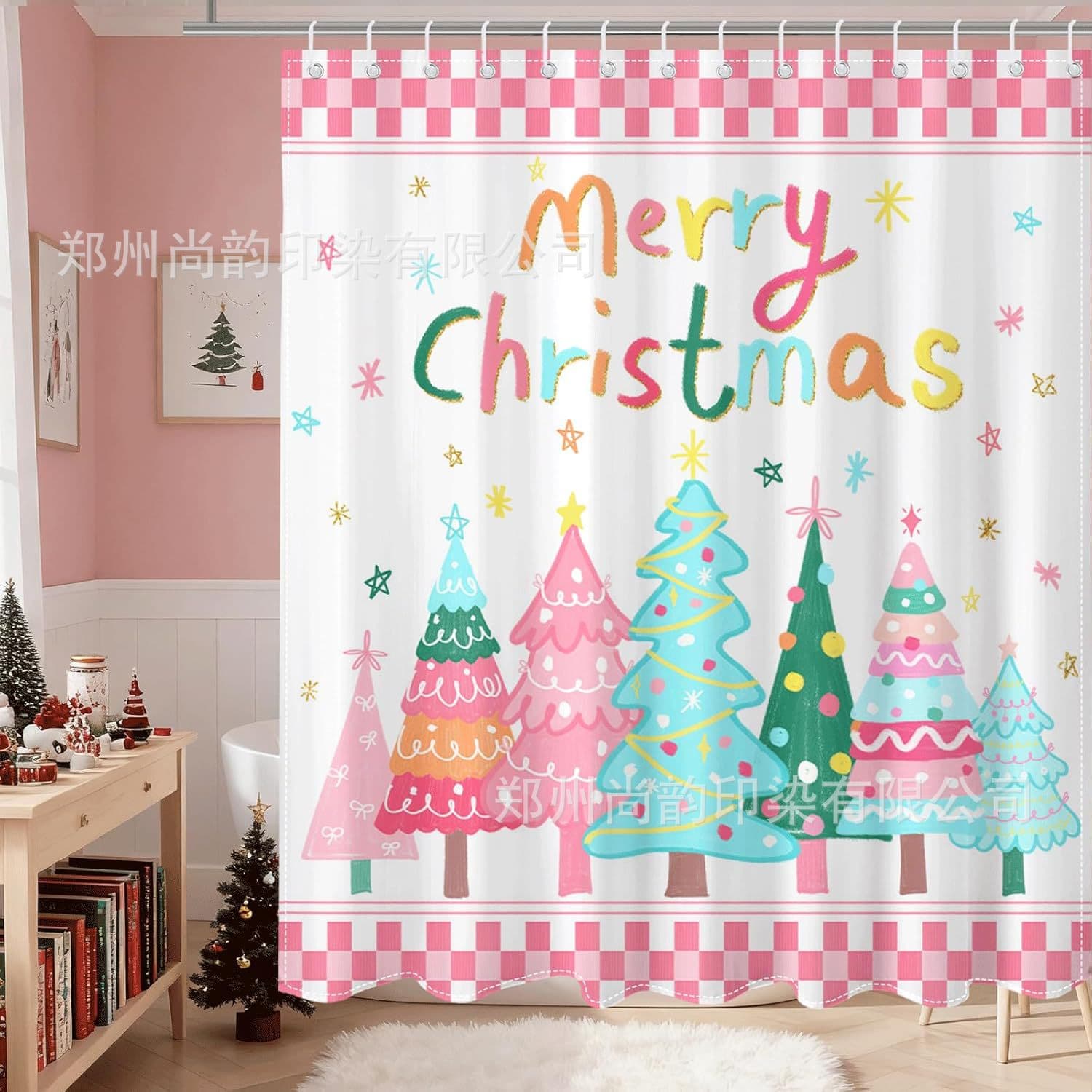 Cross-border TUME Christmas Pink Plaid Cute Christmas Tree Print Shower Curtain Bathroom Waterproof Decor