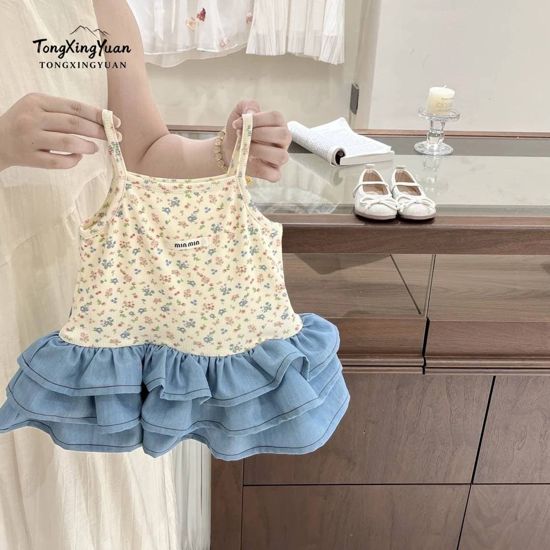 [Summer New] French Girl Floral Dress with Denim Cake Ruffle Babydoll Strappy Dress Trendy