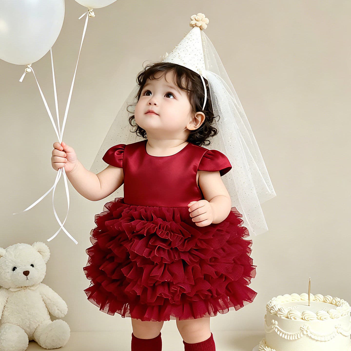 Red Birthday Dress for 1-Year-Old Girl, Summer Thin Style, Party Baby Shower Dress, Princess Gown, Fashionable Children's Dress