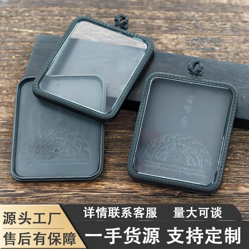 Tibetan Warrior Black Titanium Steel 4*5 Frosted Thangka Box Empty Shell Gau Box Ten Auspicious Signs Pendant Case
