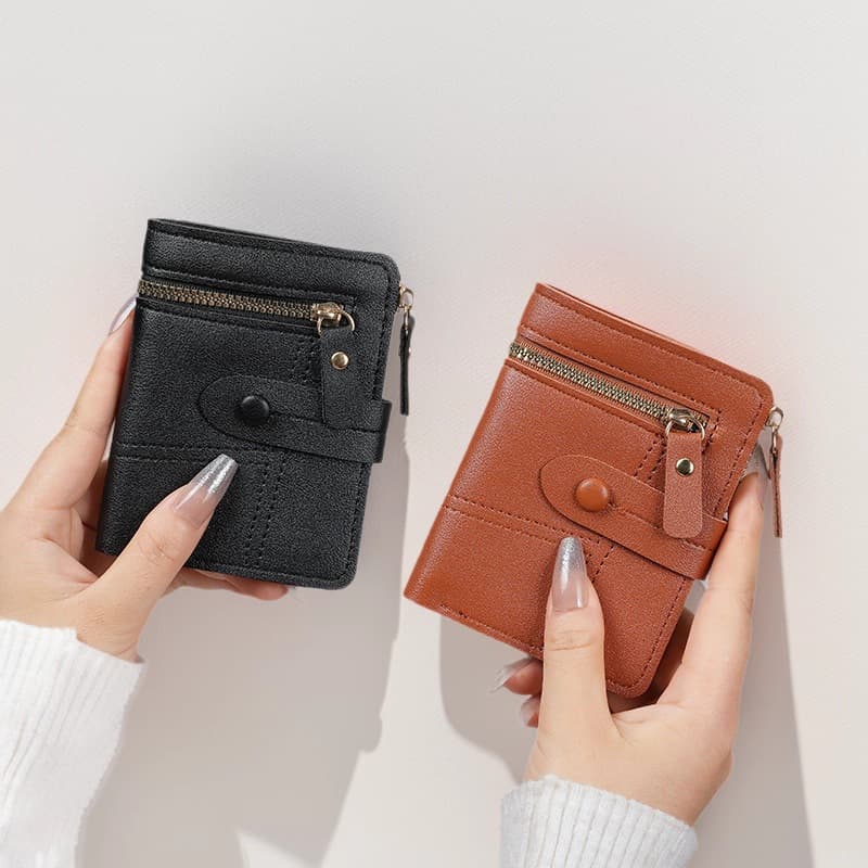 Cross-Border Best-Selling Solid Color Women's Wallet with Buckle Stitching and Zipper Coin Purse, Short Card Holder, Women's Wallet Wholesale