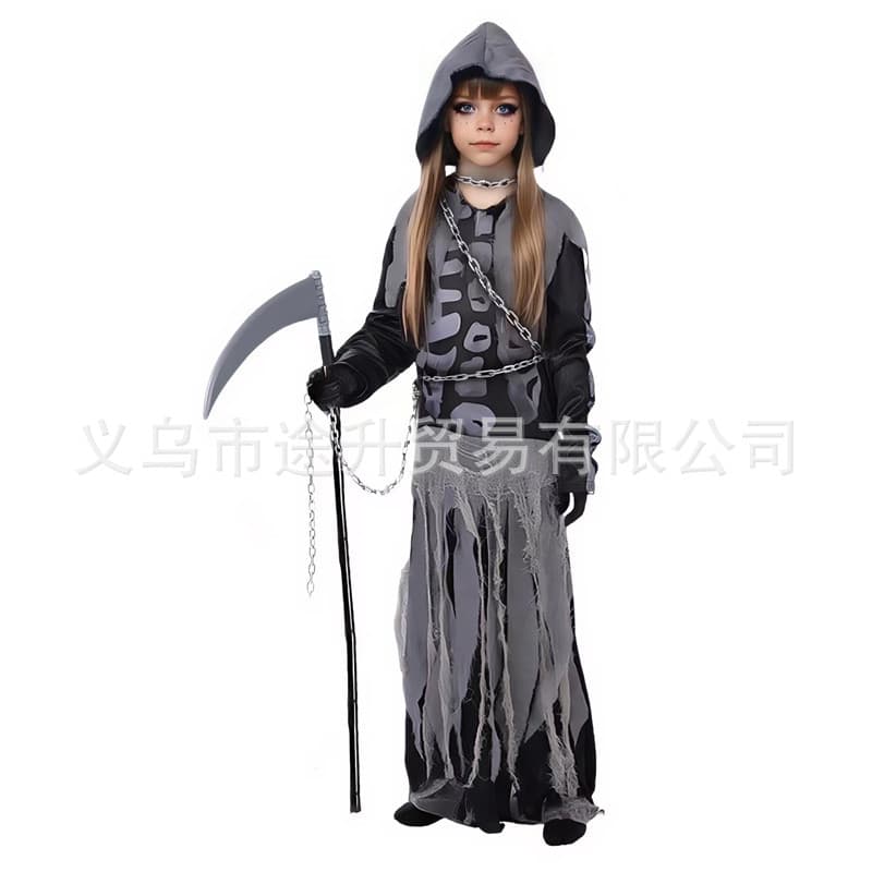 Children's Skeleton Hooded Costume Scary Bone Pattern Dress with Grim Reaper Scythe Chain Gloves Props Party Performance