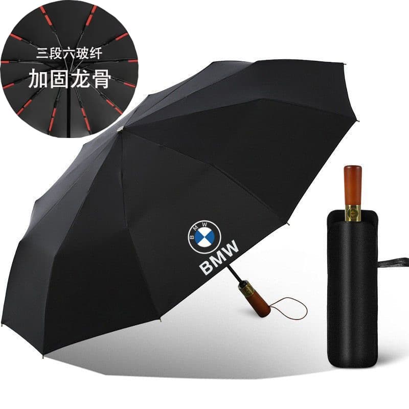Mercedes-Benz Umbrella BMW Umbrella Wooden Handle Engraved Automatic Folding Black Coating Sun and Rain Umbrella 4S Store LOGO