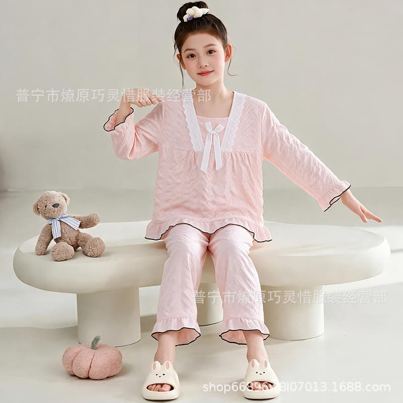 Girls pajamas spring and autumn long-sleeved trousers cloud cotton solid color thin middle school student princess style home clothes set