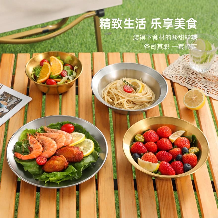 Stainless Steel Korean Outdoor Plate Set Snack Plate Dessert Plate Pastry Plate Fruit Buffet Plate Straw Hat Bowl