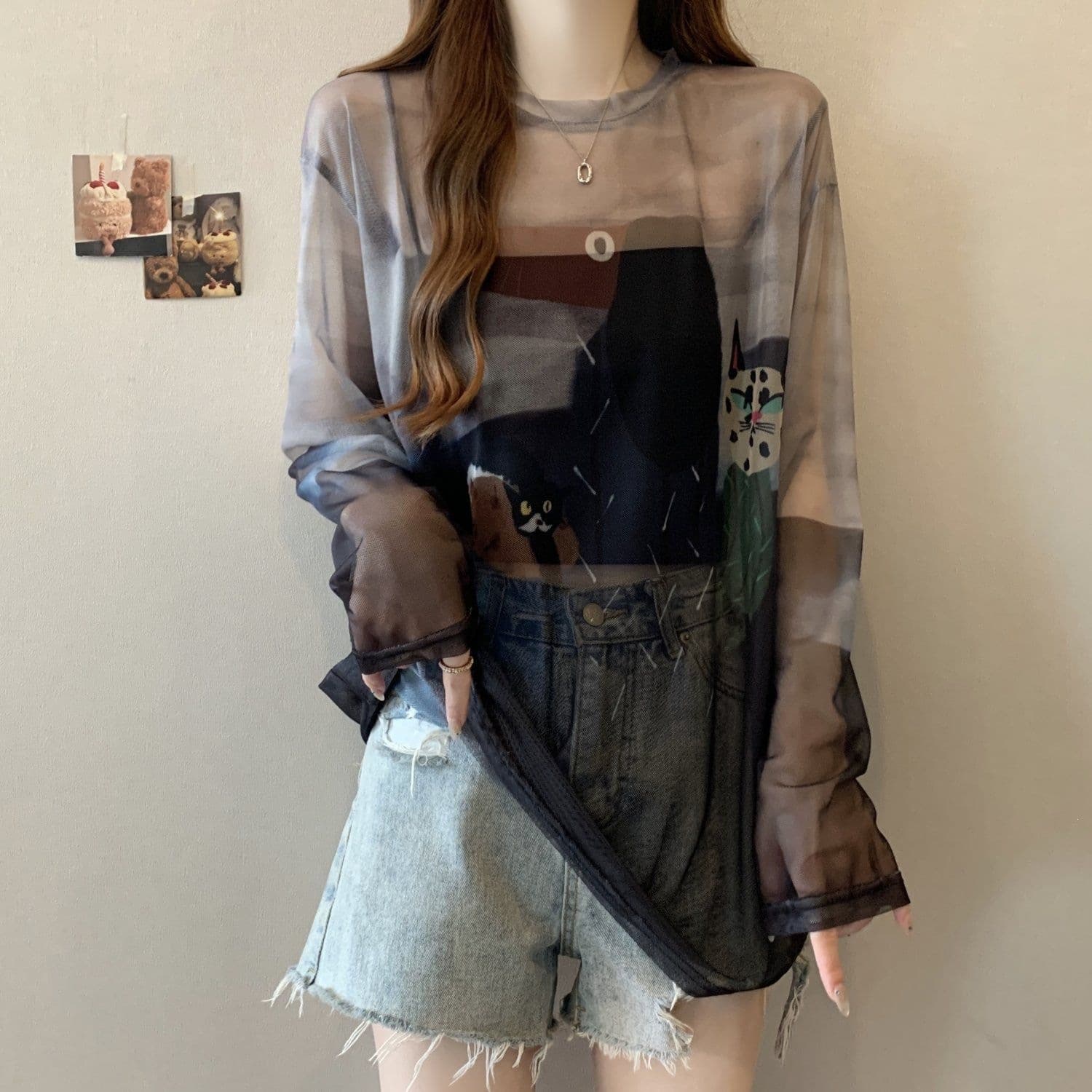 Women's Thin Mesh Long Sleeve Sun Protection Top, Summer New Style, Plus Size Designed Graffiti Top, Slightly Transparent Overlay