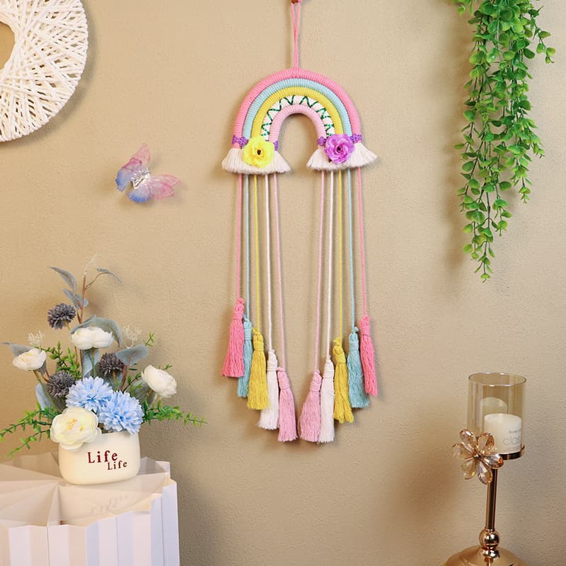 Instagram rainbow style tassel woven dreamcatcher, creative flower decoration for cozy bedroom atmosphere wall hanging.