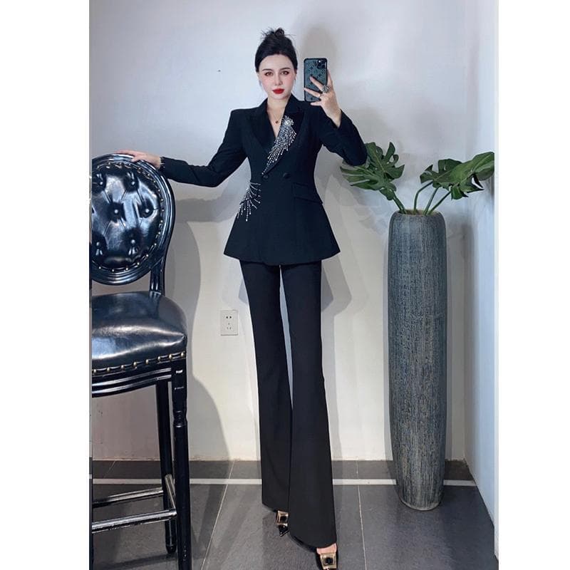 2025 Spring/Autumn Heavy Embellished Fitted Suit Set, Banquet Female CEO Style Elegant Trousers Suit