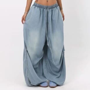 European and American Cross-Border American High-Street Wide-Leg Jeans for Women Lazy Style Loose Jeans Elastic Waist Washed Relaxed Long Pants