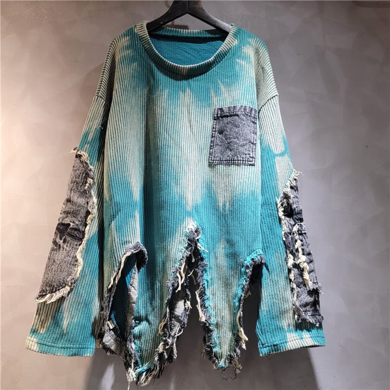 Personalized Patchwork Irregular Sweater Vintage Distressed Tie-Dye Long Sleeve Fashion Knit Sweater Women 2025 Autumn Winter