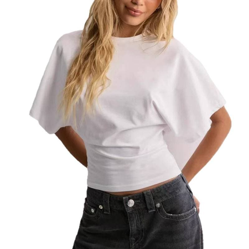 Cross-border Europe and America Summer New Korean Design Round Neck Pullover Short Sleeve T-Shirt Fashion Mid-Length Batwing Sleeve Women's Clothing