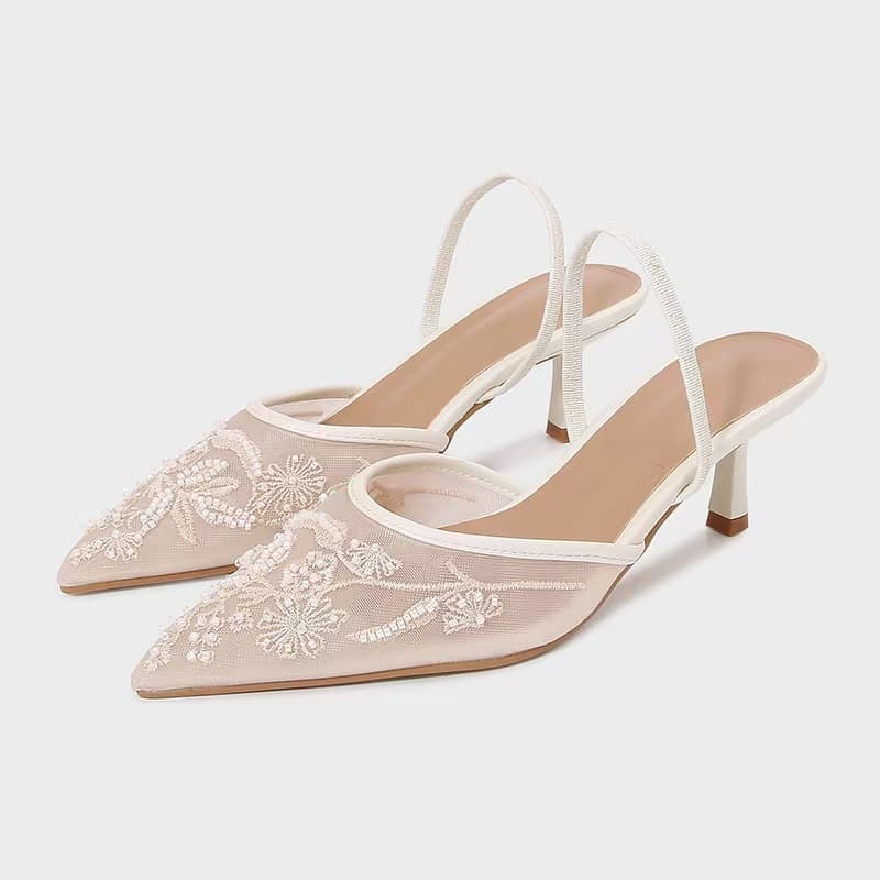 2025 Summer New Embroidered Mesh Stunning High Heels Women Dress Shoes Comfortable Stiletto Heel Fashion Closed Toe Slides