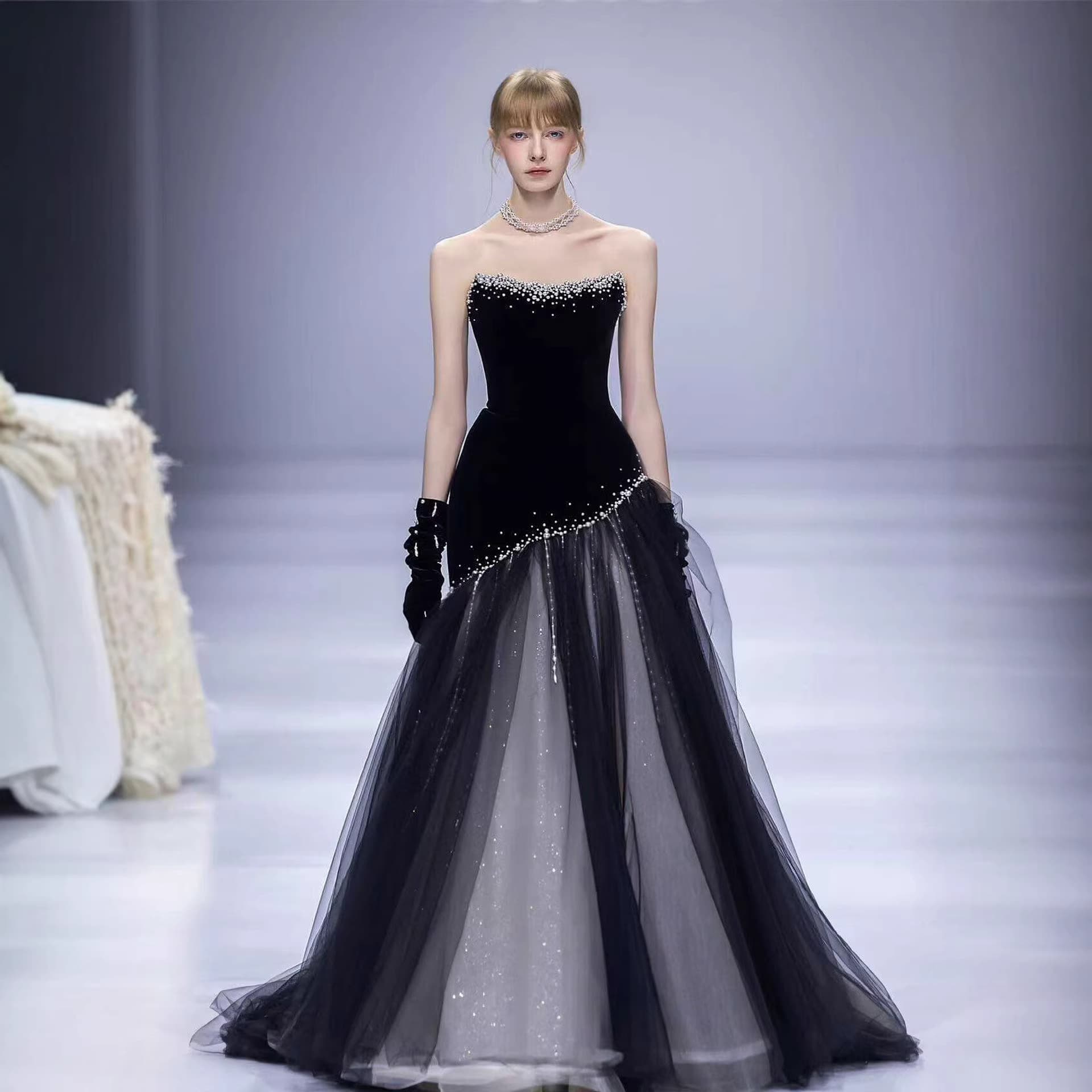 Cross-border foreign trade supply European and American black velvet engagement bride birthday party fishtail evening dress prom wedding dress