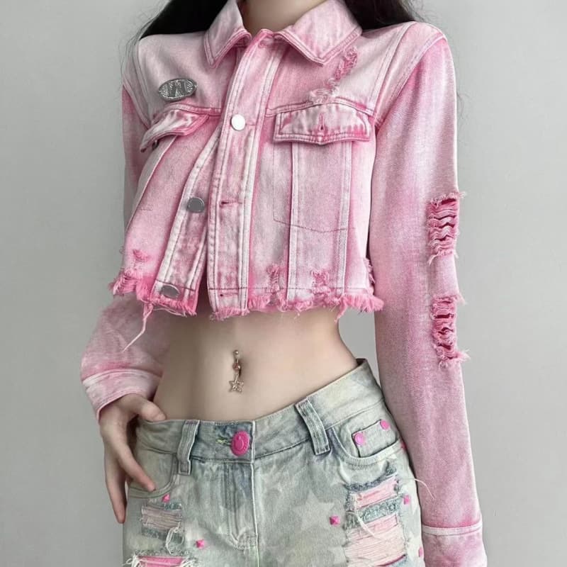 2024 Spring Fashion Denim Short Jacket Pink Washing Destressed Style Loose Fit Top For Women Trendy Brand National Style