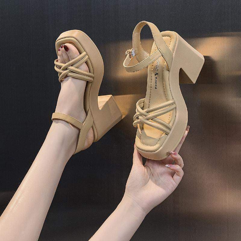 Thick-Heeled Roman Sandals for Women 2025 Summer Fashion Casual Women's Shoes Waterproof Platform Wedge High Heels Beige