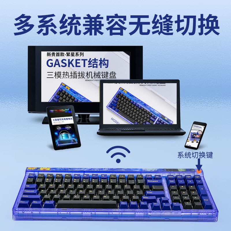 Tri-Mode Connection Mechanical Keyboard, Hot-Swappable, Gasket Structure, 98-Key Layout, Transparent Custom Keyboard