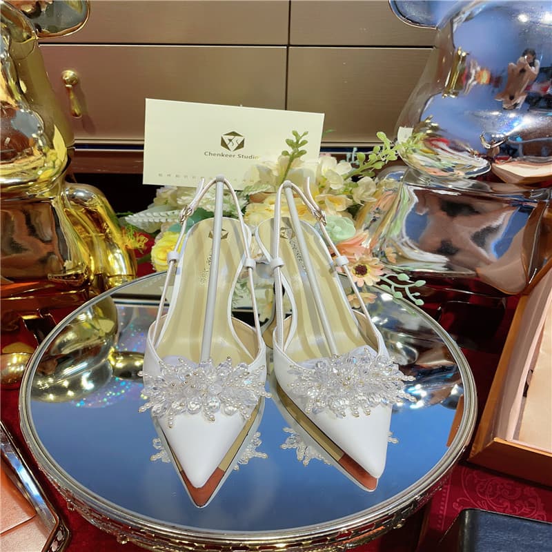 French Wedding Shoes Xiuhe Wedding Dress Closed-Toe Bride Shoes Comfortable Feet 2024 New White High Heels Stiletto Heels
