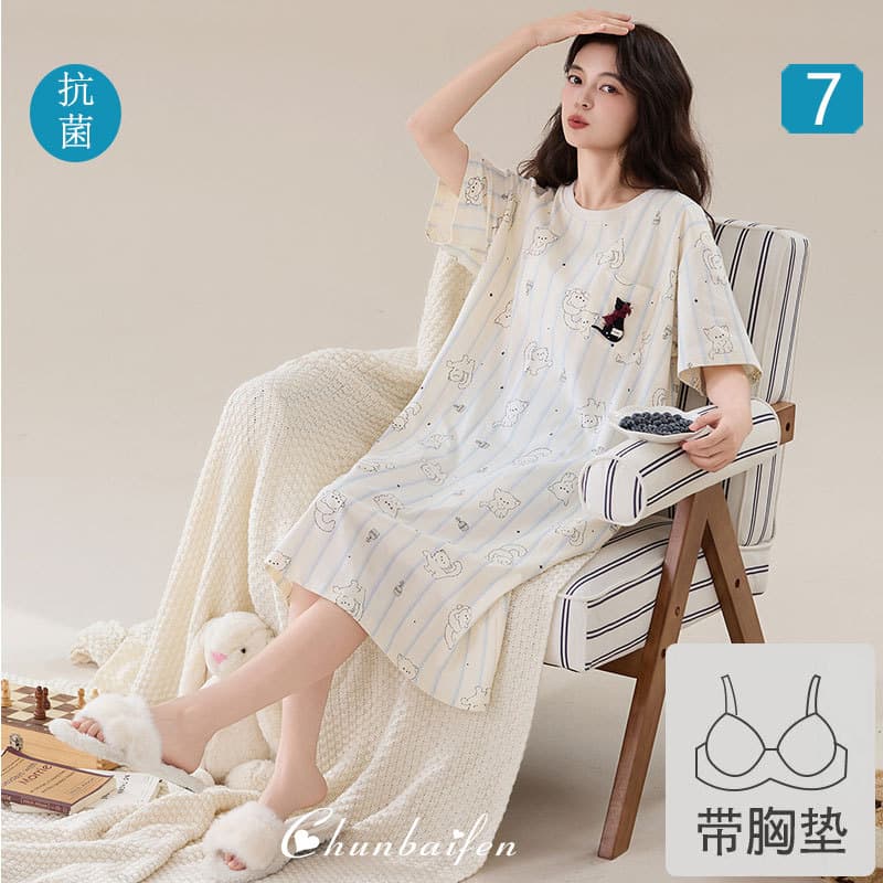 Cool Cotton Nightgown for Teenagers, Short-Sleeved Dress, Mid-Length, Large Size Sleepwear for Girls, 7A Antibacterial Home Wear with Chest Pads