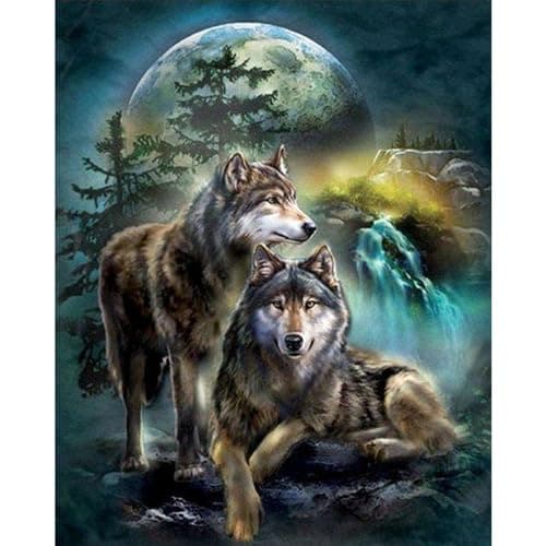 Moon, Two Wolves, Animal DIY Diamond Painting Cross Stitch