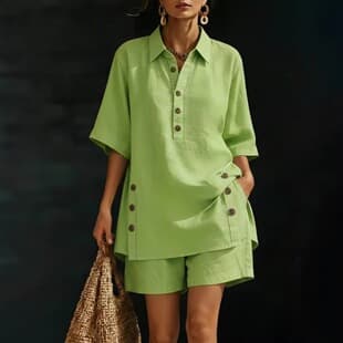 2026 Summer Women's Linen Shirt and Shorts Two-Piece Set Casual Comfortable Loose Button Set Commuter Set