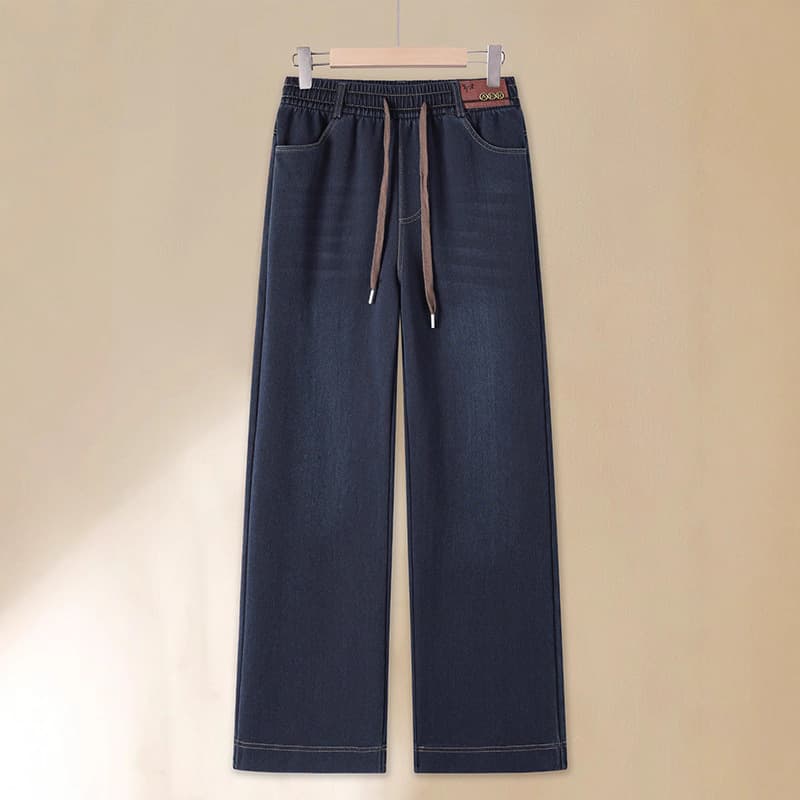 Mom's Jeans Women Elastic High Waist 2025 Autumn New Middle-aged Loose Straight Wide Leg Pants Long Trousers